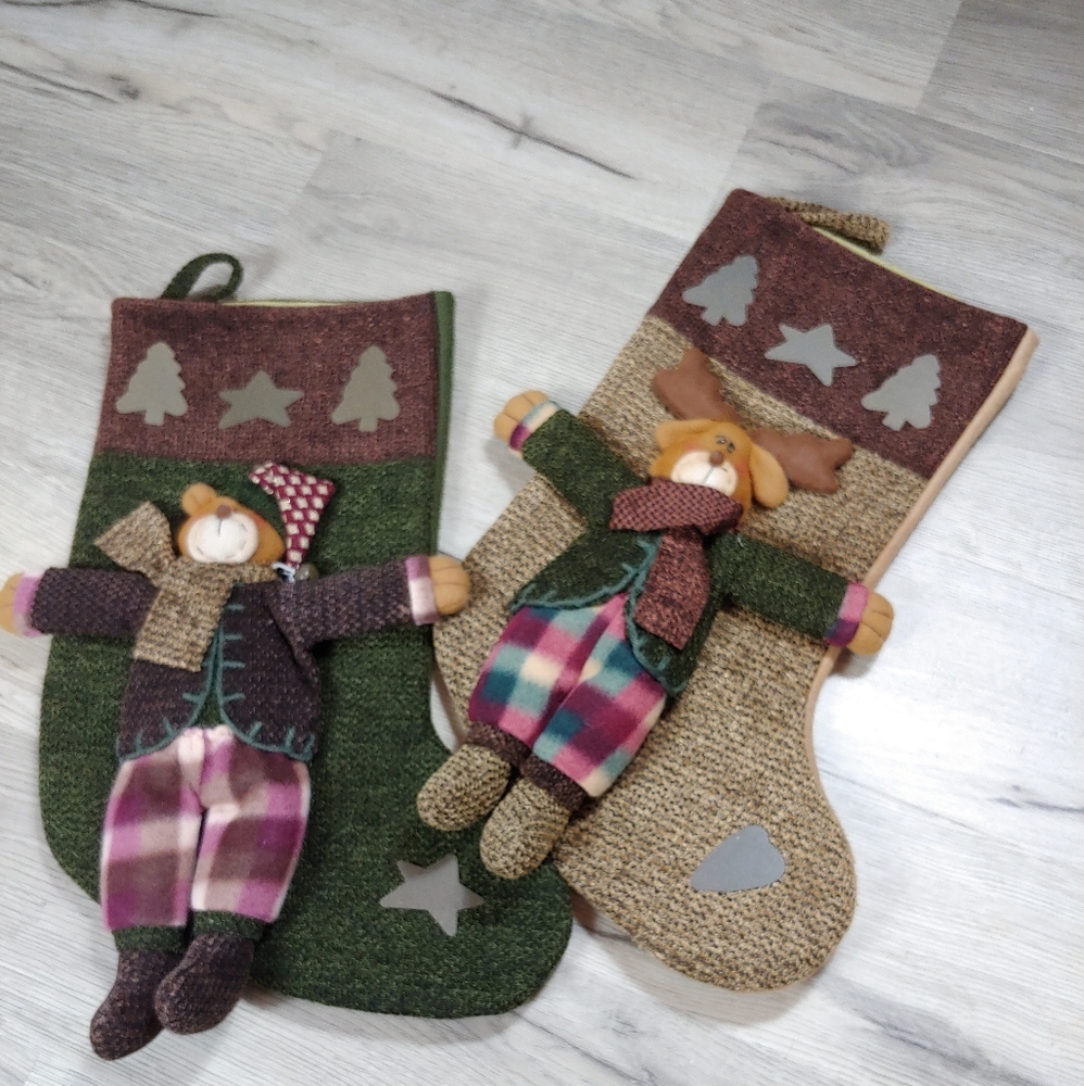 Bundle 2 Christmas stockings reindeer and teddy metal trees
